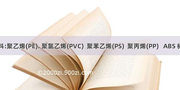 塑料:聚乙烯(PE). 聚氯乙烯(PVC)  聚苯乙烯(PS)  聚丙烯(PP)   ABS 树脂