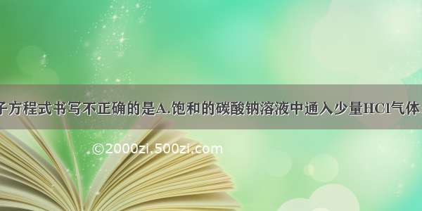 下列反应的离子方程式书写不正确的是A.饱和的碳酸钠溶液中通入少量HCl气体：Na++CO32-