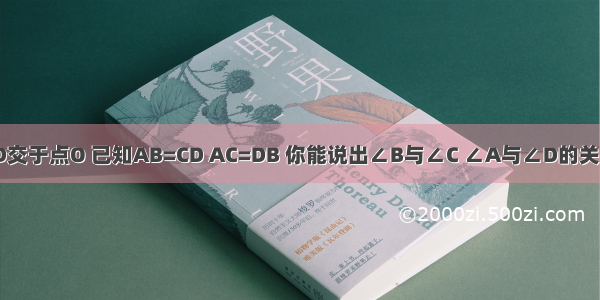 如图 AC BD交于点O 已知AB=CD AC=DB 你能说出∠B与∠C ∠A与∠D的关系吗？试说