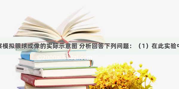 在图中观察模拟眼球成像的实际示意图 分析回答下列问题：（1）在此实验中 凸透镜相