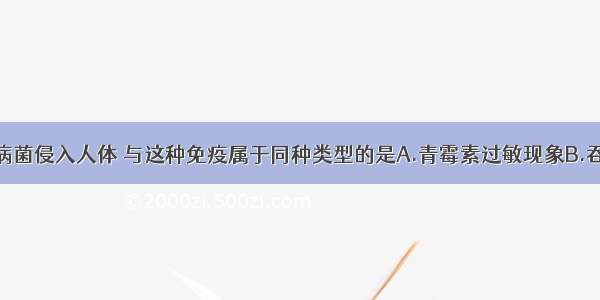 皮肤能防止病菌侵入人体 与这种免疫属于同种类型的是A.青霉素过敏现象B.吞噬细胞吞噬