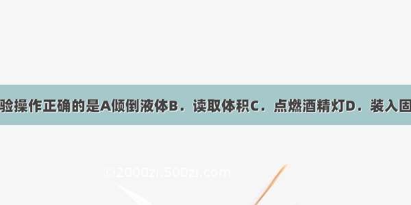 下列实验操作正确的是A倾倒液体B．读取体积C．点燃酒精灯D．装入固体粉末