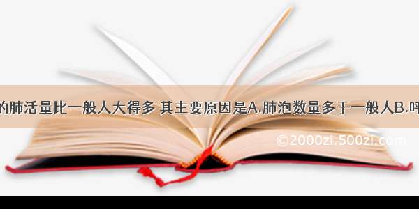 长跑运动员的肺活量比一般人大得多 其主要原因是A.肺泡数量多于一般人B.呼吸频率加快