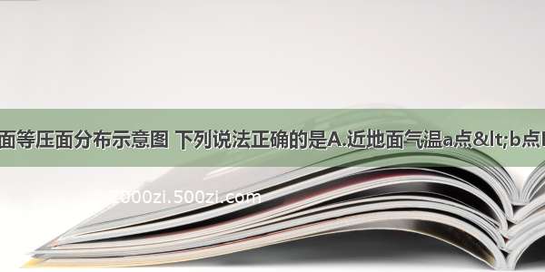 读某区域近地面等压面分布示意图 下列说法正确的是A.近地面气温a点<b点B.近地面气压a