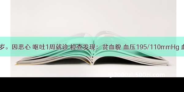 患者男 45岁。因恶心 呕吐1周就诊 检查发现：贫血貌 血压195/110mmHg 血肌酐981