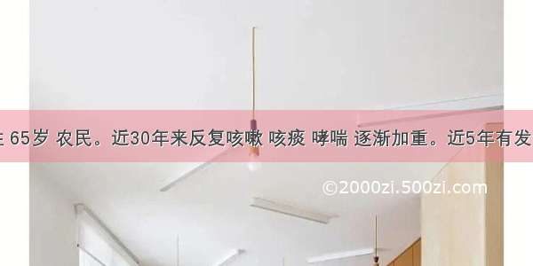 病人男性 65岁 农民。近30年来反复咳嗽 咳痰 哮喘 逐渐加重。近5年有发作性胸骨