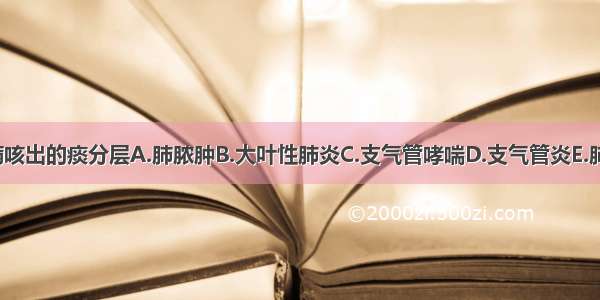 下列哪项疾病咳出的痰分层A.肺脓肿B.大叶性肺炎C.支气管哮喘D.支气管炎E.肺不张ABCDE