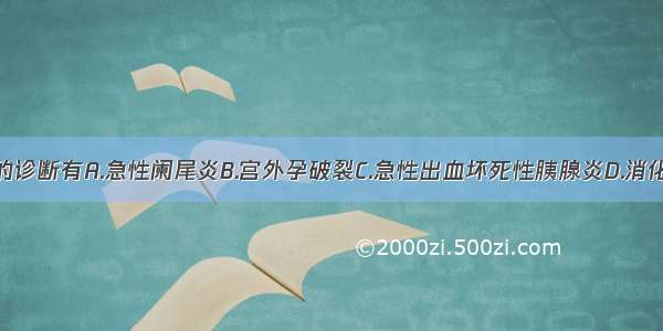 该患者可能的诊断有A.急性阑尾炎B.宫外孕破裂C.急性出血坏死性胰腺炎D.消化性溃疡穿孔