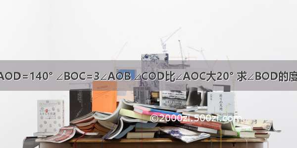 ∠AOD=140° ∠BOC=3∠AOB ∠COD比∠AOC大20° 求∠BOD的度数