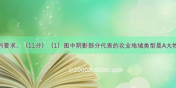 读图完成下列要求。（11分）（1）图中阴影部分代表的农业地域类型是A大牧场放牧业B．