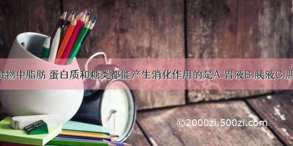 单选题对食物中脂肪 蛋白质和糖类都能产生消化作用的是A.胃液B.胰液C.胆汁D.唾液